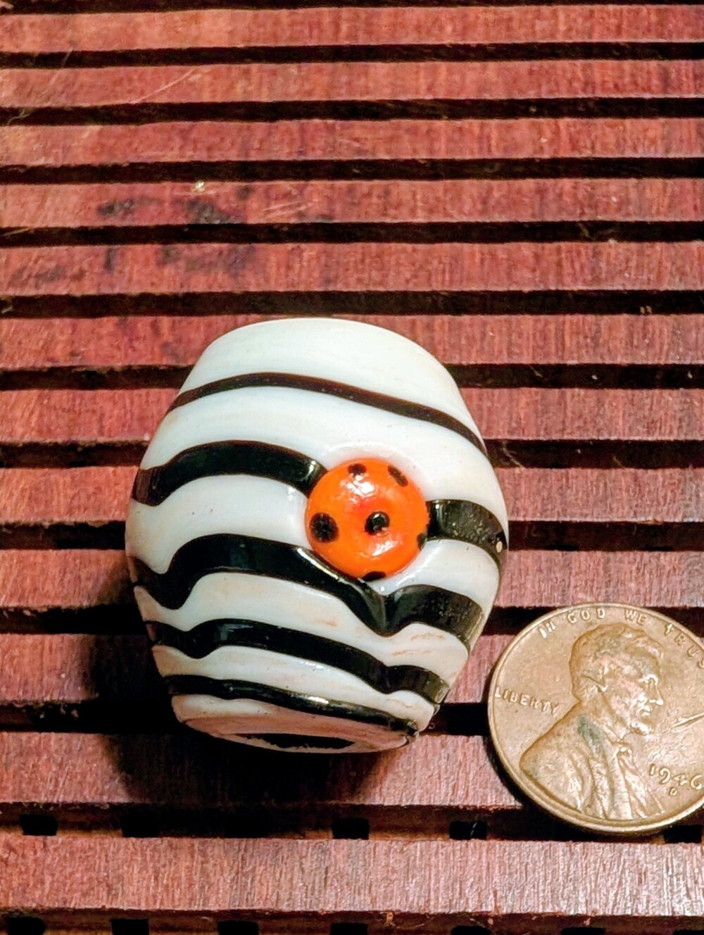 Vintage Handblown Zebra Stripe Glass Macrame Bead with Orange Accent